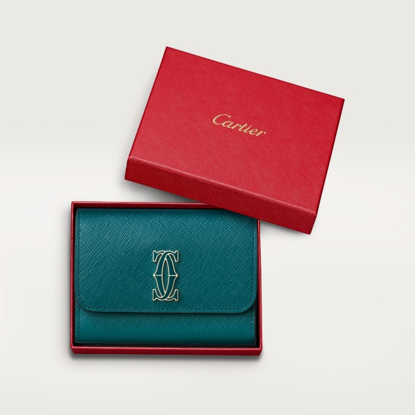 Business card holder with zip, C de Cartier Petrol blue textured calfskin, golden finish and petrol blue enamel