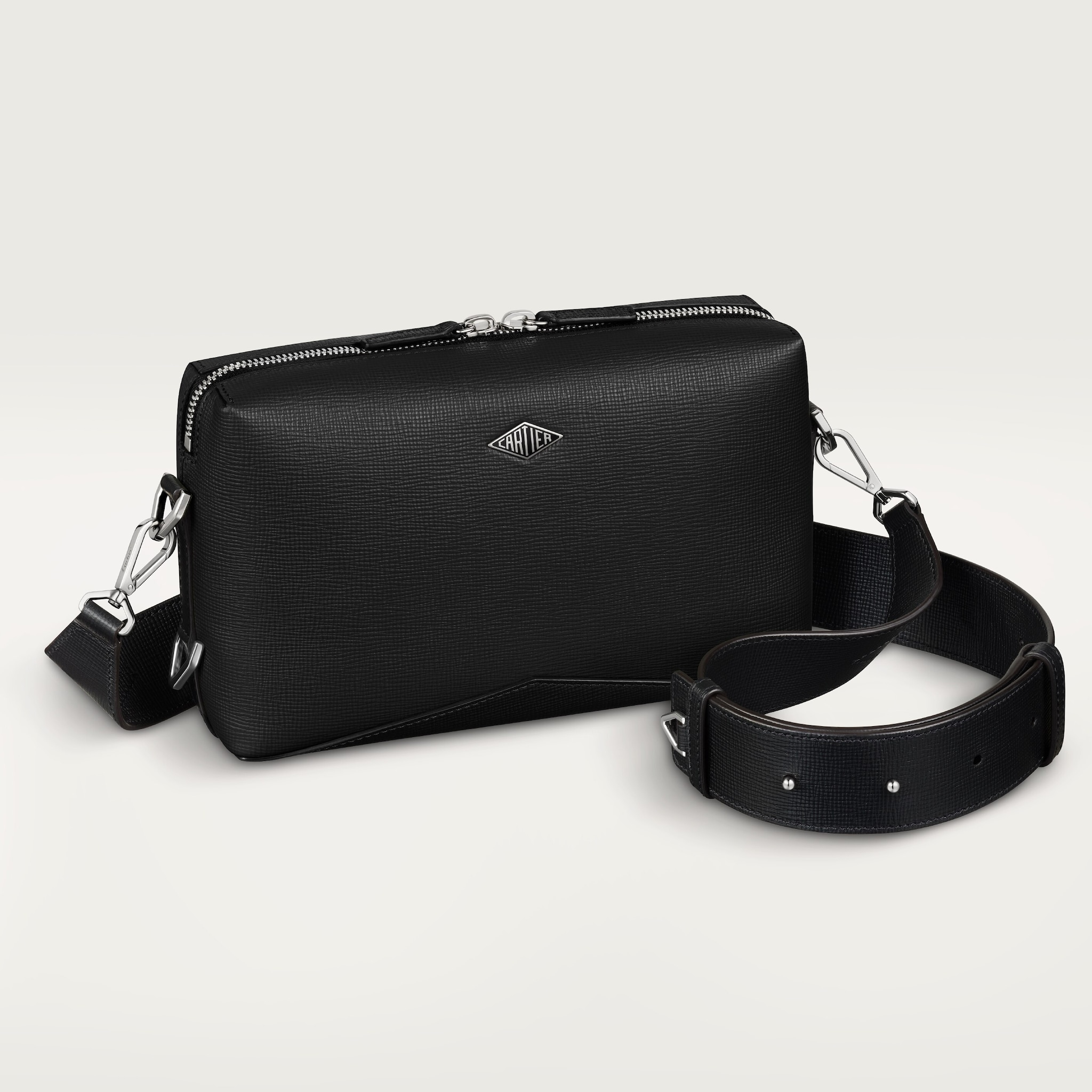 Long strap black bag, Cartier Losange  Grained black calfskin, palladium finish and enamel