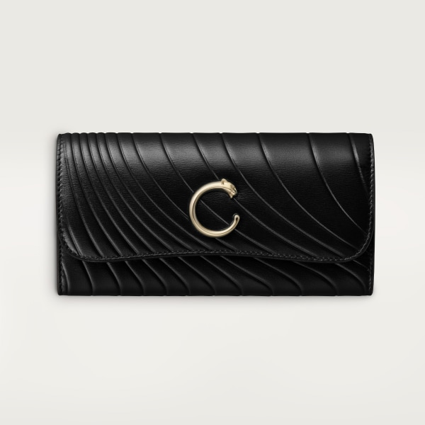 International wallet with flap, Panthère de Cartier Black calfskin with embossed Cartier signature motif, golden finish