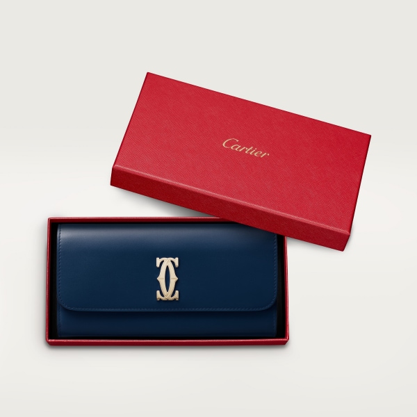 International wallet with flap, C de Cartier Midnight blue calfskin, golden finish