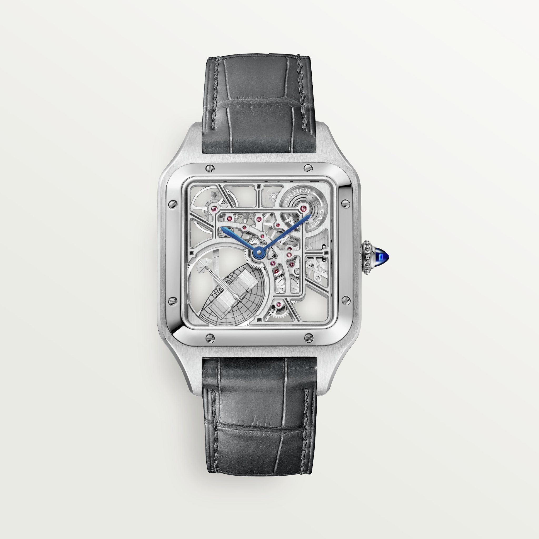 Reloj Santos-Dumont EsqueletoTamaño grande, movimiento mecánico de carga automática esqueleto, platino, piel