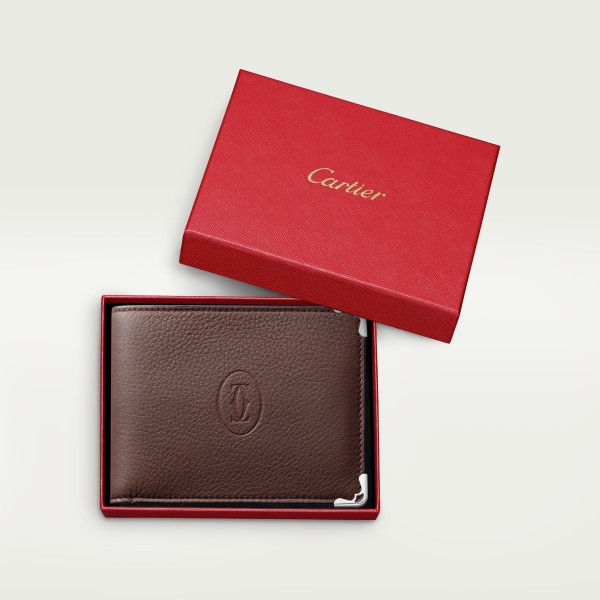 Pequeña marroquinería Must de Cartier, cartera compacta Piel de becerro chocolate, acabado paladio