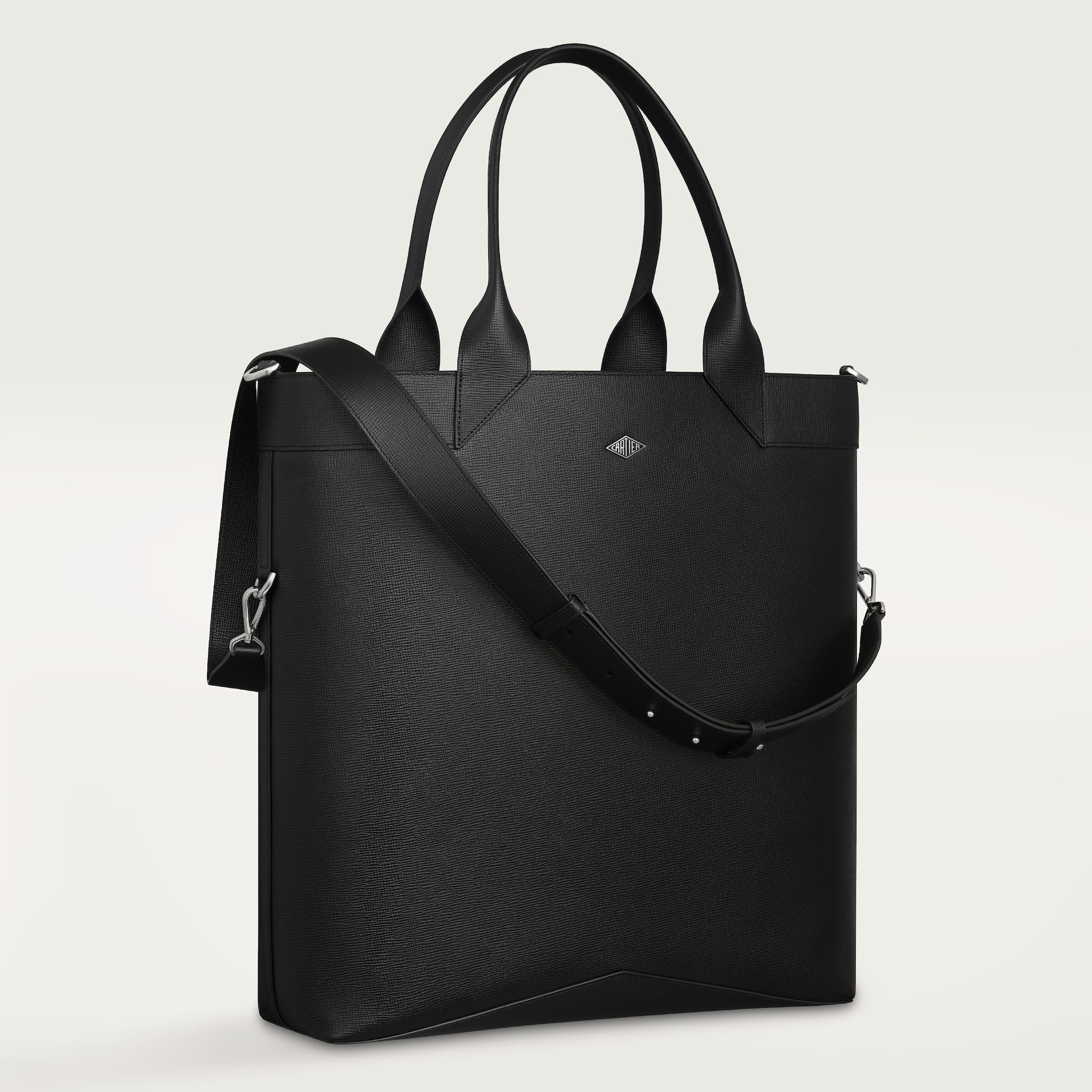 Large black tote bag, Cartier LosangeGrained black calfskin, palladium finish and enamel