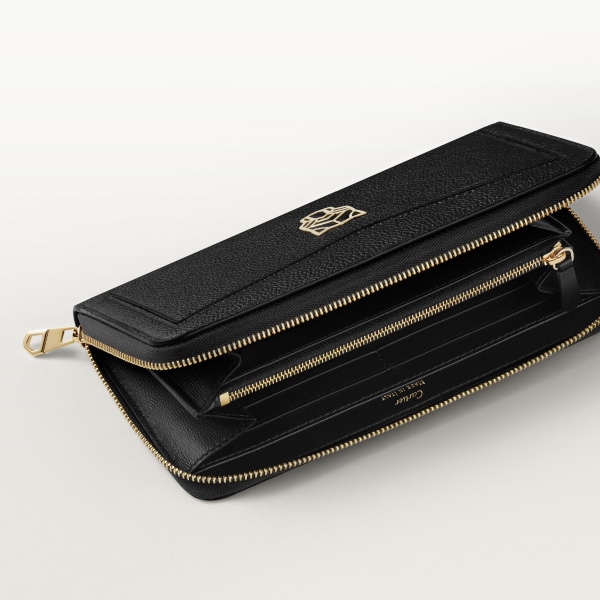 Zipped international wallet, Panthère de Cartier Black grained calfskin, golden finish