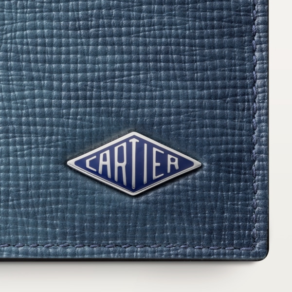 Six-credit card compact wallet, Cartier Losange Steel grey calfskin with prismatic print, palladium-plated finish and deep blue enamel