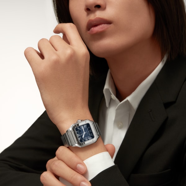 Reloj Santos de Cartier Tamaño mediano, movimiento automático, acero, brazalete de metal y correa de piel intercambiables