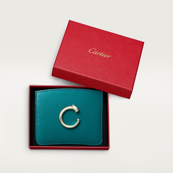 Simple card holder, Panthère de Cartier Petrol blue calfskin, golden finish