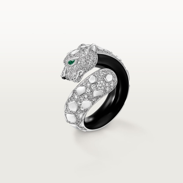 Anillo Panthère de Cartier Oro blanco, laca negra, ónix, esmeraldas, diamantes