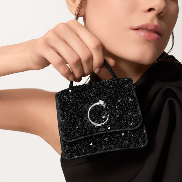 Micro model chain bag, Panthère de Cartier Black sequins on a recycled ECONYL® nylon base, palladium finish