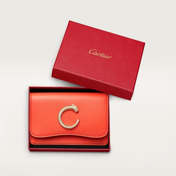 Tarjetero para tarjetas de visita con cremallera, Panthère de Cartier Piel de becerro mandarina, acabado dorado