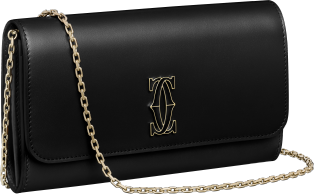 Chain wallet, C de Cartier Black calfskin, golden finish and black enamel