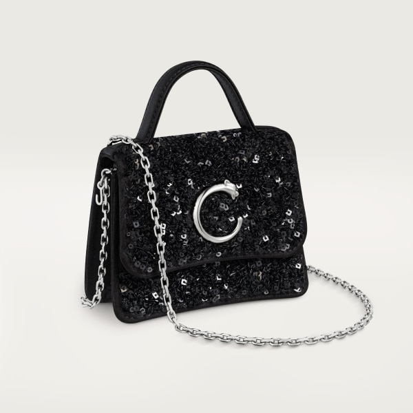 Bolso de cadena tamaño micro, Panthère de Cartier Lentejuelas negras sobre una base de nailon reciclado ECONYL®, acabado paladio