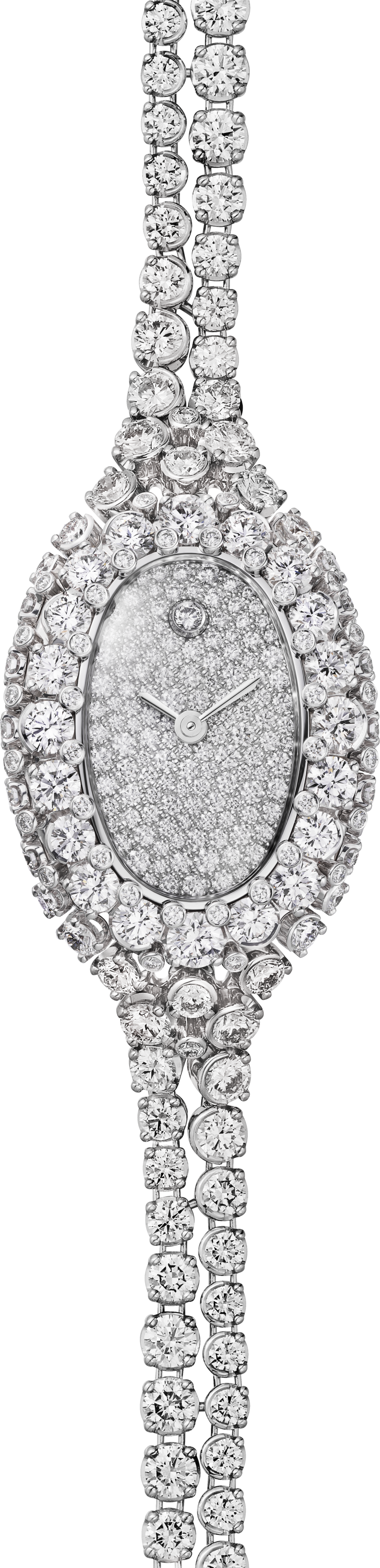 Reloj joya BaignoireTamaño mini, movimiento de cuarzo, oro blanco, diamantes