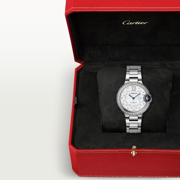 Ballon Bleu de Cartier watch 33 mm, automatic mechanical movement, steel, diamonds