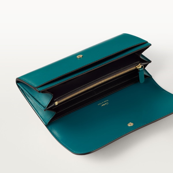 International wallet with flap, Panthère de Cartier Petrol blue calfskin, golden finish