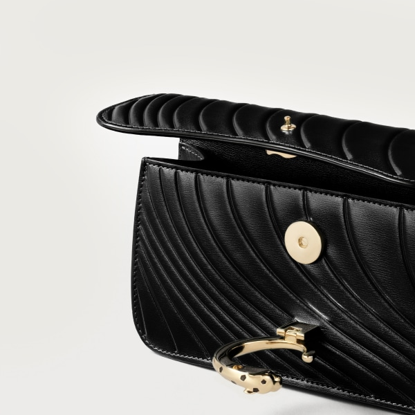 Chain bag mini, Panthère de Cartier Black calfskin, embossed Cartier signature motif, golden finish