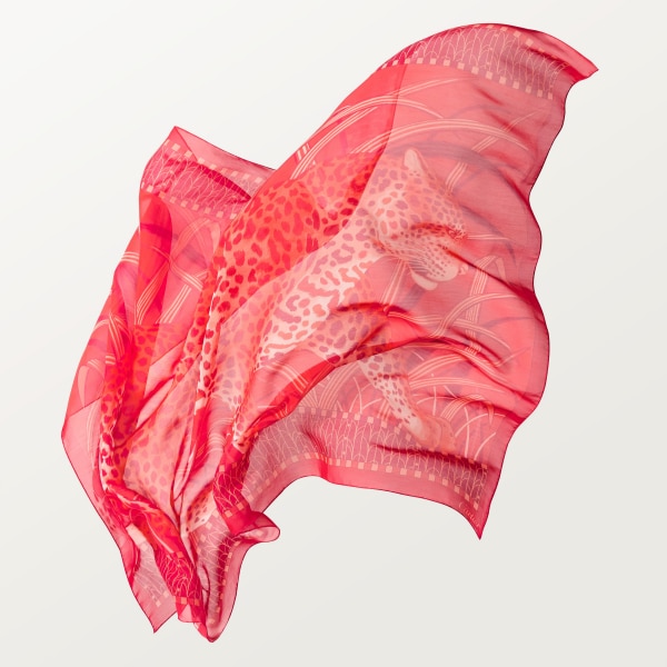 Panther in the Jungle rectangular scarf Coral cotton and silk twill